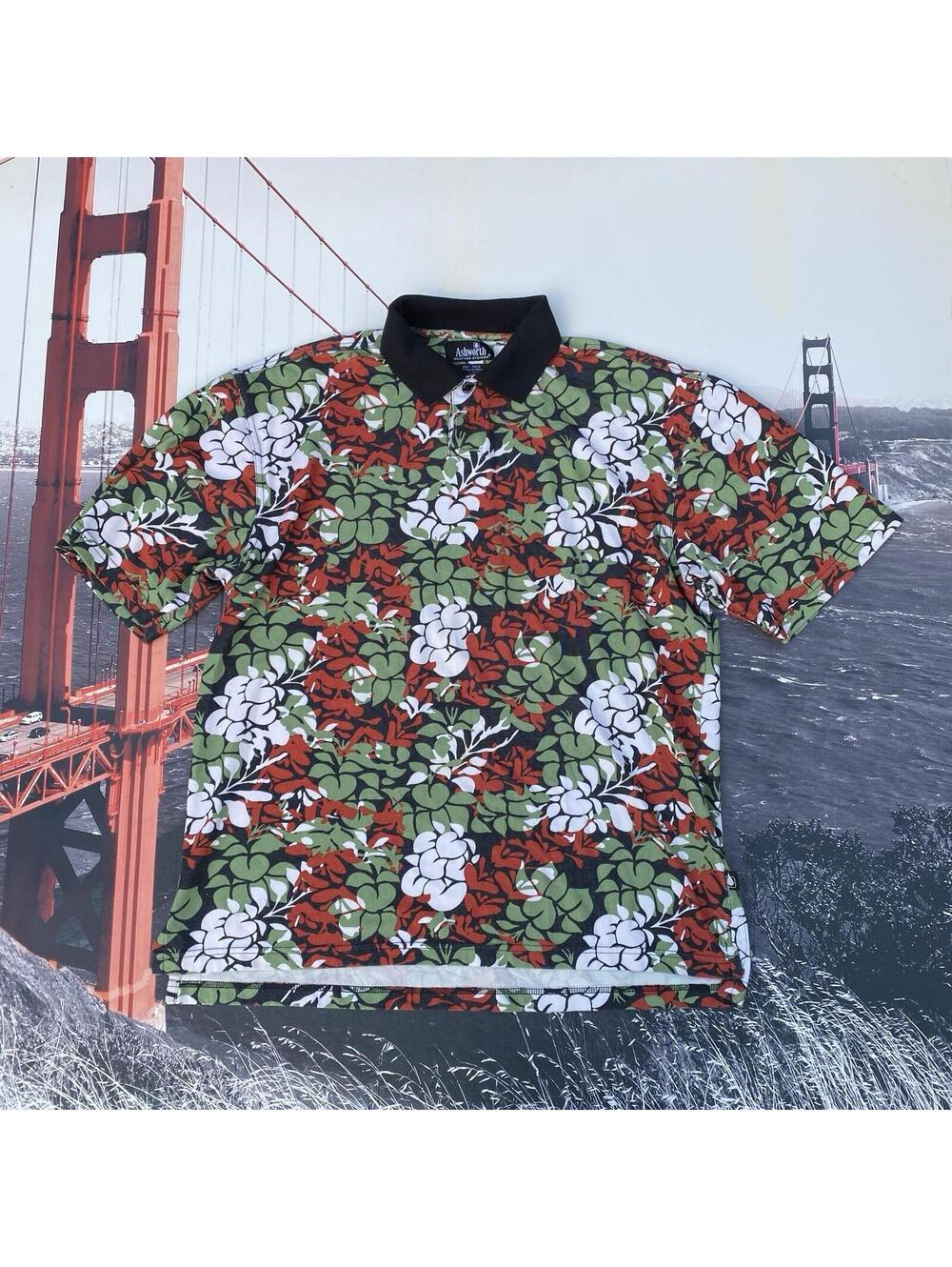 Ashworth Golf Polo Shirt Mens L Large Short Sleeve Dritech Hawaiian Floral Print
